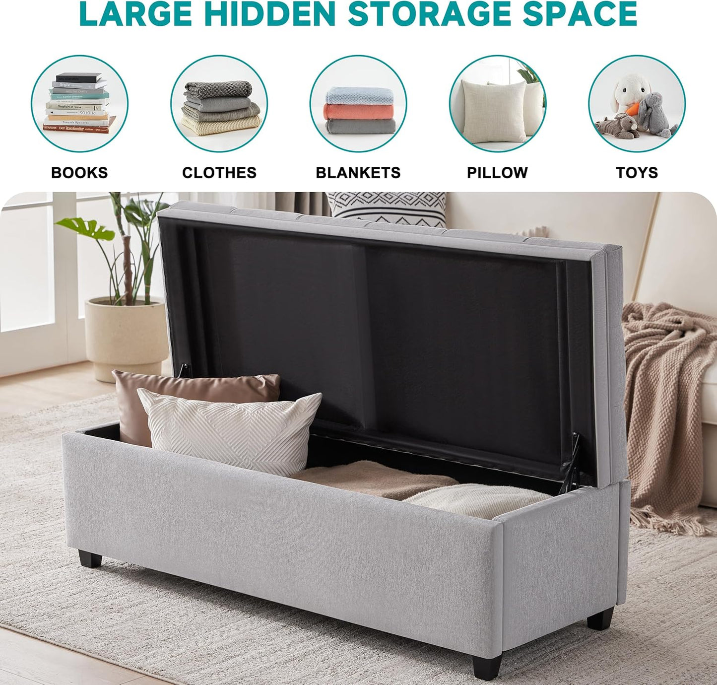 50" Storage Ottoman Bench, Tufted Ottoman with Storage for Living Room, Large End of Bed Ottomans, Modern Entryway Benchs, Window & Bedroom Benches for Foot of Bed (LightGray)