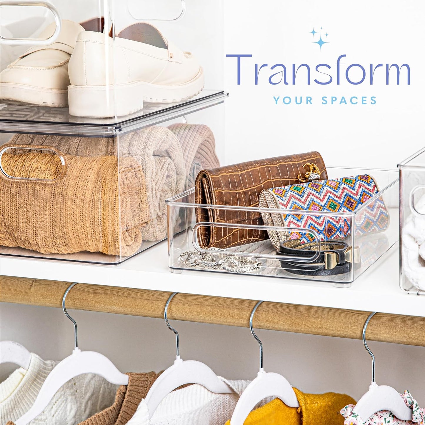 Plastic Food Storage 2 pack Clear Container Bin with Handles for Organizing Kitchen, Pantry, Refrigerator, Freezer, Pantry, Cabinet, Closet, Bathroom. Stackable 10”x8”x3”