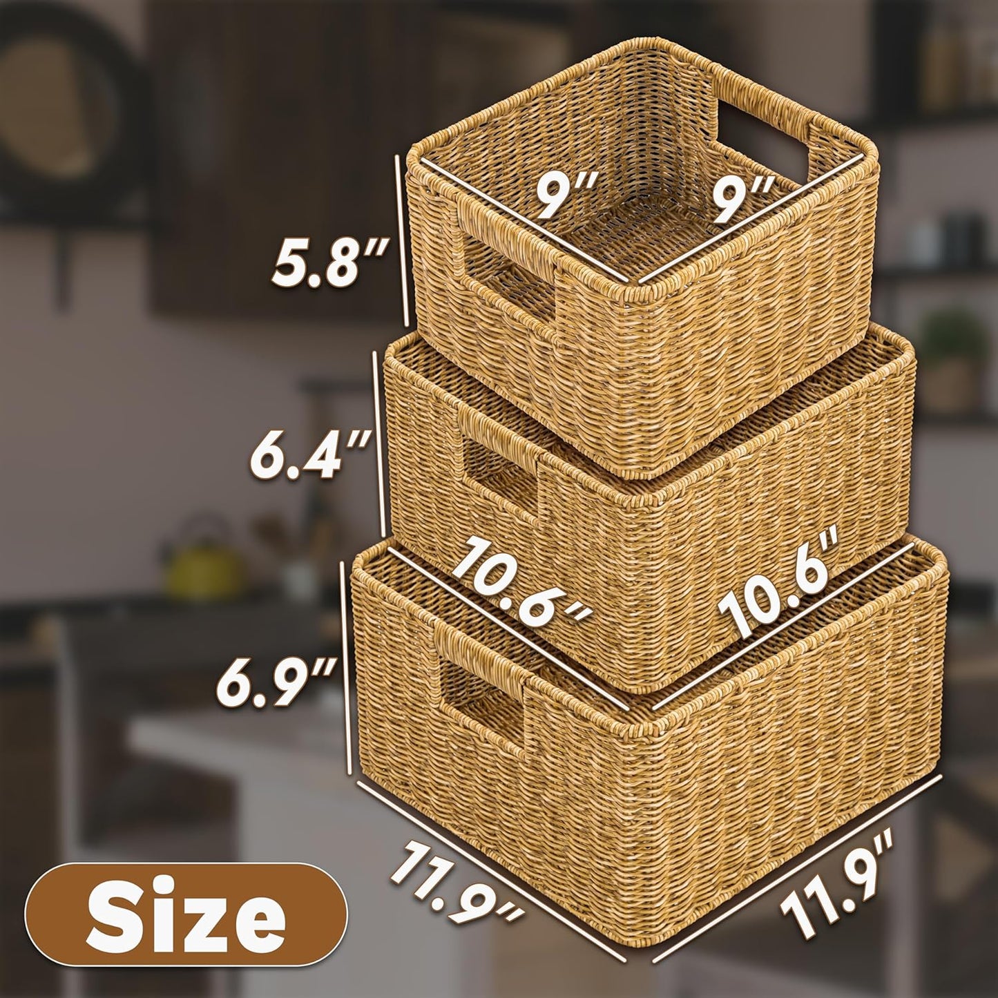 myHomeBody Wicker Storage Basket, Storage Cubes, Woven Baskets for Organizing, Resin Wicker Set of 3, Tan
