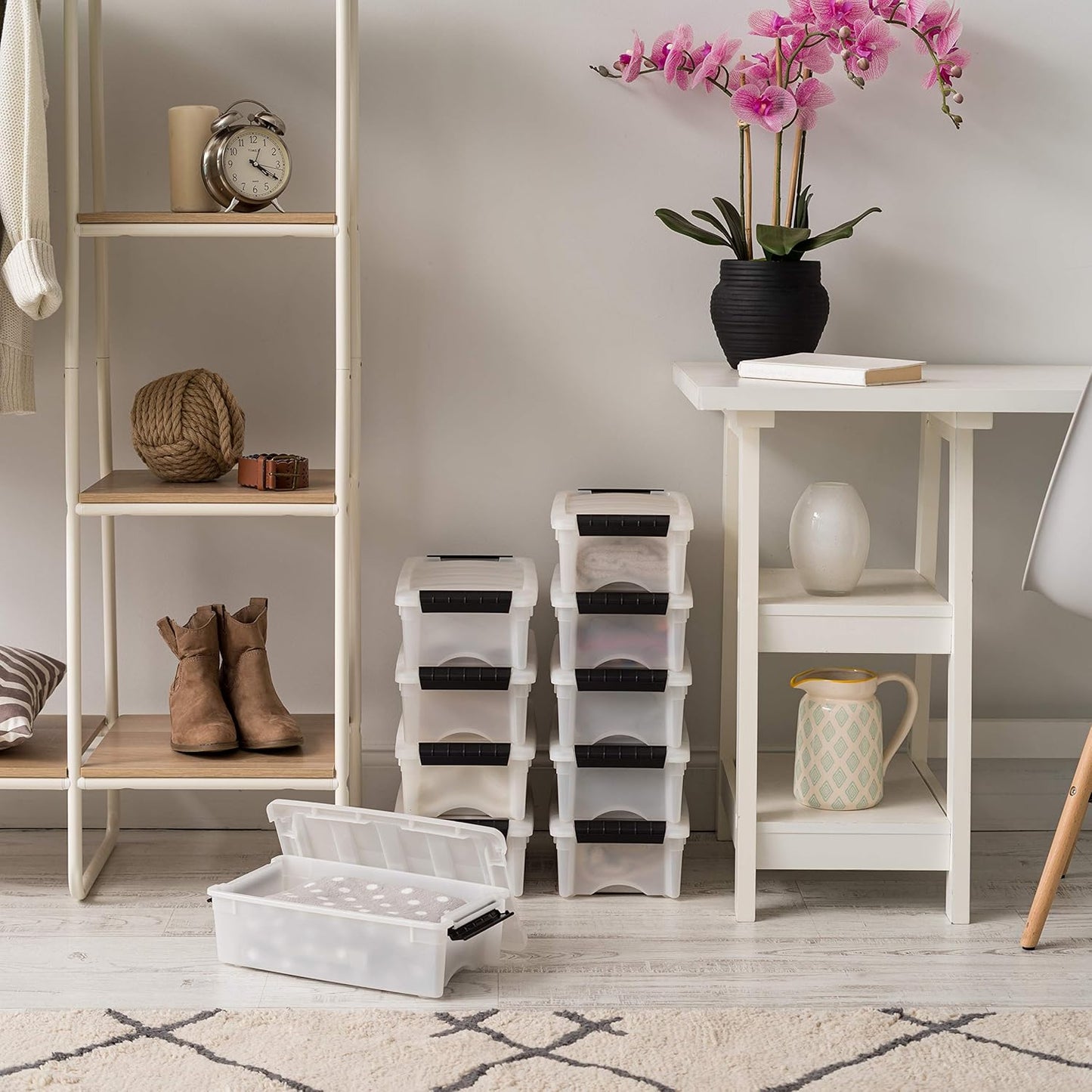 IRIS USA 6 Qt Stackable Plastic Storage Bins with Lids, 10 Pack - BPA-Free, Made in USA - Discreet Organizing Solution, Latches, Durable Nestable Containers, Secure Pull Handle - Pearl