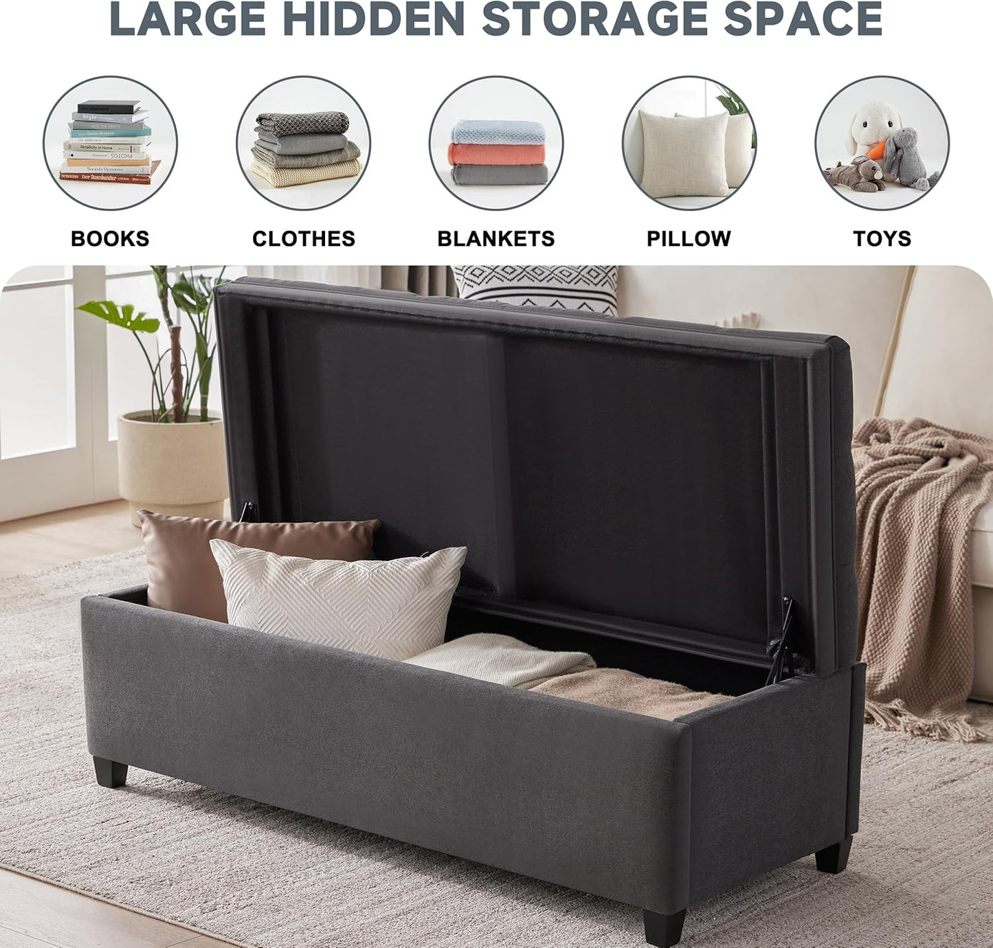 50" Storage Ottoman Bench, Tufted Ottoman with Storage for Living Room, Large End of Bed Ottomans, Modern Entryway Benchs, Window & Bedroom Benches for Foot of Bed (Darkgray)
