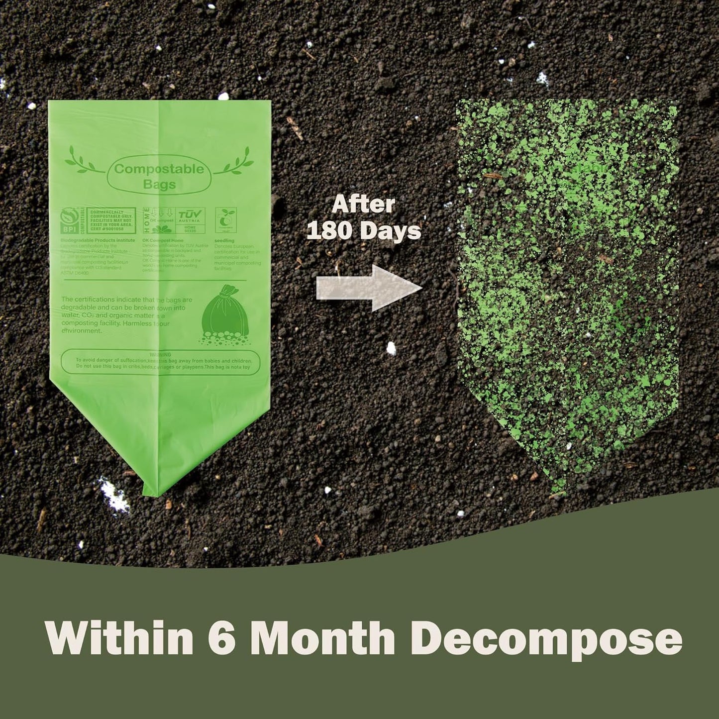 Compost Bags 33 Gallon 125 Liter Extra Thick 1.2 Mils Compostable Food Scrap Waste Bags with US BPI ASTM D6400 and Europe OK Compost Home Certified 20 Counts