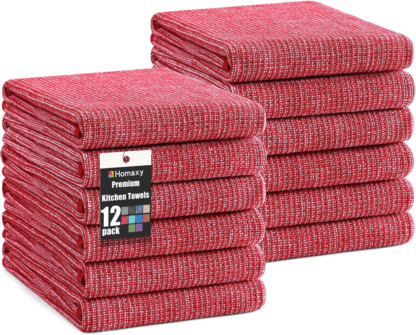 Homaxy Premium Kitchen Towels(18”x 28”, 12 Pack), Large Cotton Kitchen Hand Towels, Flat and Terry Dish Towels, 380 GSM Highly Absorbent Tea Towel Set with Hanging Loop, Red