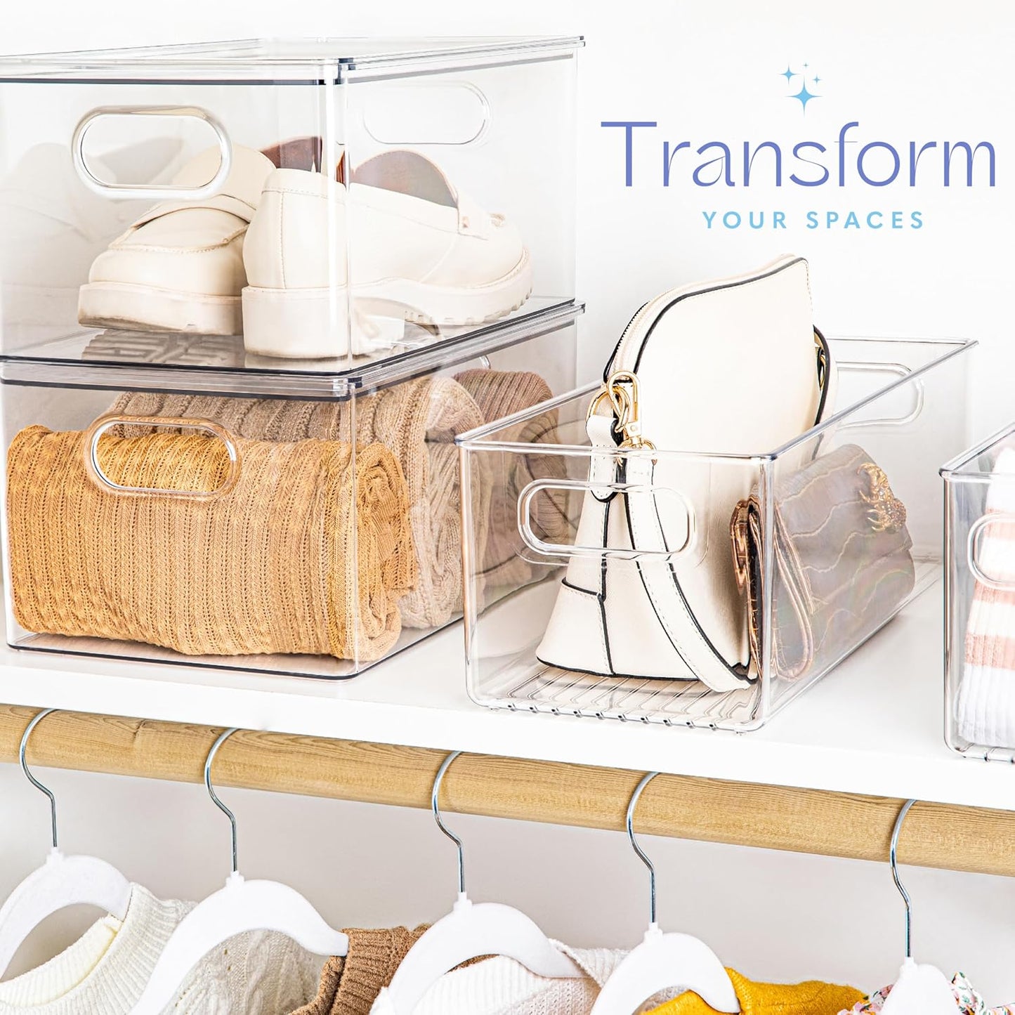 Plastic Food Storage 2 Pack Clear Container Bin with Handles for Organizing Kitchen, Pantry, Fridge, Freezer, Pantry, Bathroom. 14"x6"5"