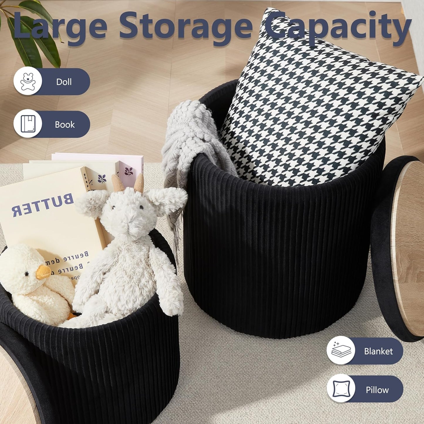 Royal Windsor Round Ottoman with Storage Set of 2,Vanity Stool with Storage for Bedroom, Ottoman Coffee Table,Small Velvet Foot Stool for Living Room, Black