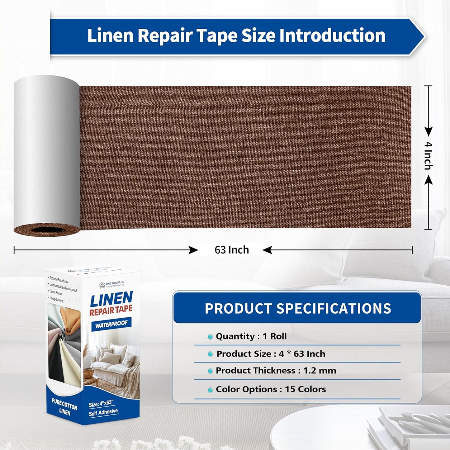 KING MOUNTAIN Linen Repair Patches, Self-Adhesive Linen Fabric Patches, 4 X 63 inch Extra Size, Multi Color, Can be Used for Linen Sofa Repair and Linen Clothes Repair (Medium Brown)
