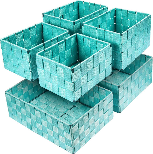 Woven Storage Baskets, Storage Bins, Cube Basket Container Baskets Storage Boxes Organizers for Clothes /Shelves/ Closet, Set of 6 (Aqua)