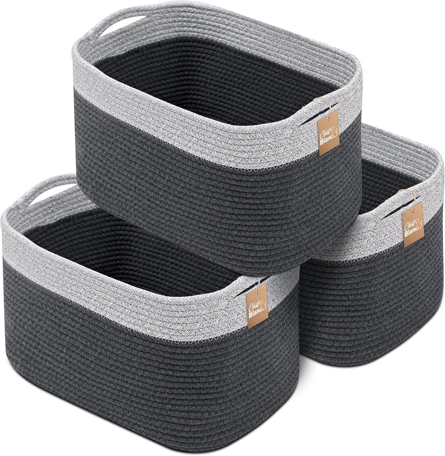 CHAT BLANC Cotton Rope Baskets for Organizing I Storage Baskets for Shelves | Rope Basket for Storage, Small Laundry Baskets, Woven Baskets for Storage, Dog Toy Bin, Baby Basket, Gray & Graphite 3Pack