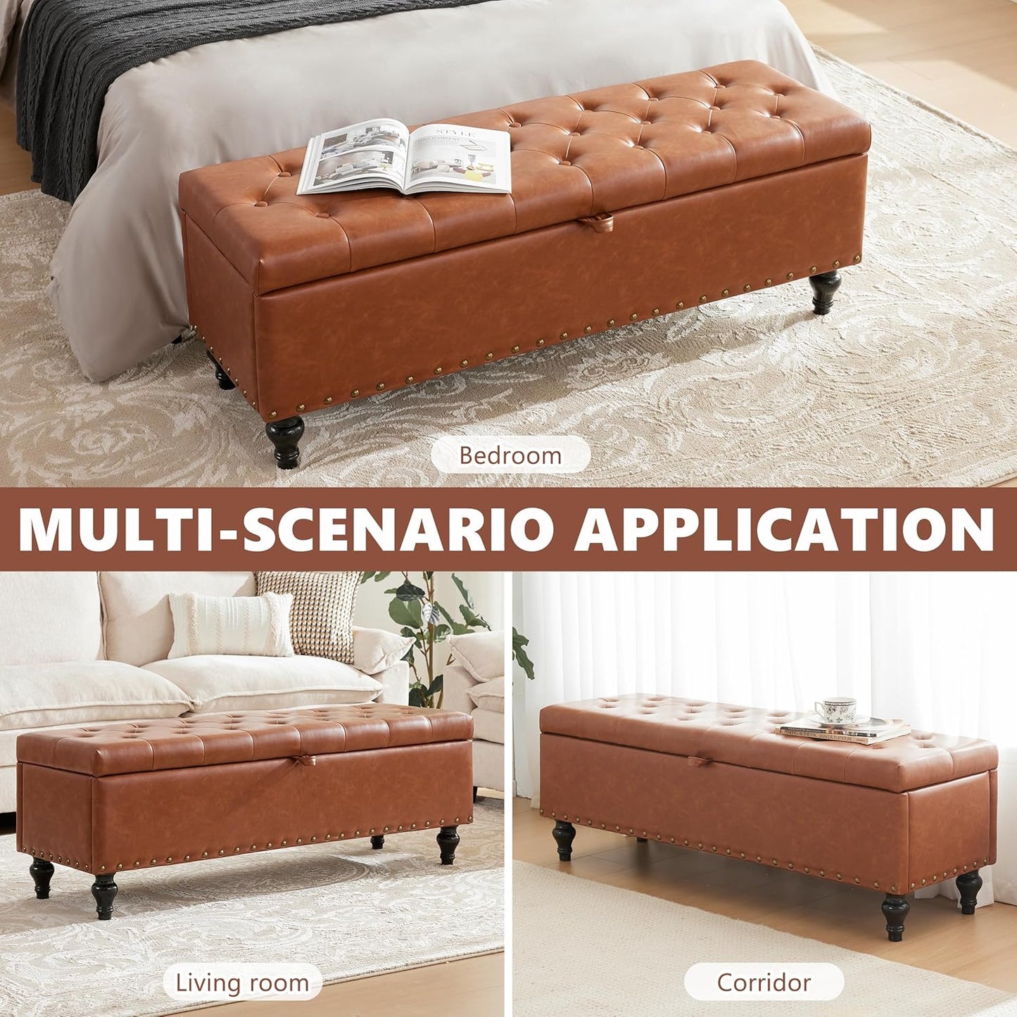 50" Storage Ottoman Bench, Tufted Ottoman with Storage for Living Room, Large End of Bed Ottomans, Modern Entryway Benchs, Window & Bedroom Benches for Foot of Bed (Brown)