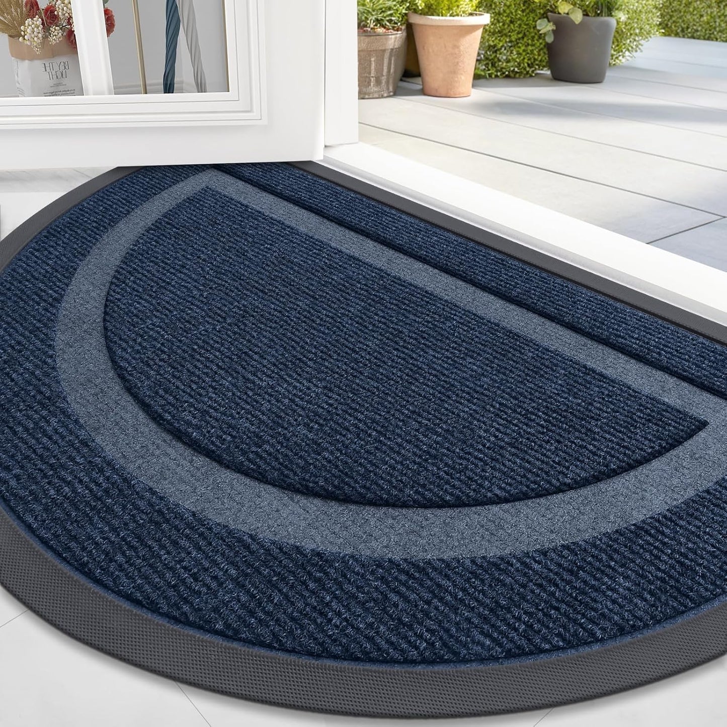 OLANLY Half Circle Door Mat Indoor Outdoor Entrance Welcome, Waterproof All-Season, All-Weather Doormat, Sturdy Natural Rubber, Low Profile, Easy Clean Patio Porch Entryway Mat, 59x23, Blue
