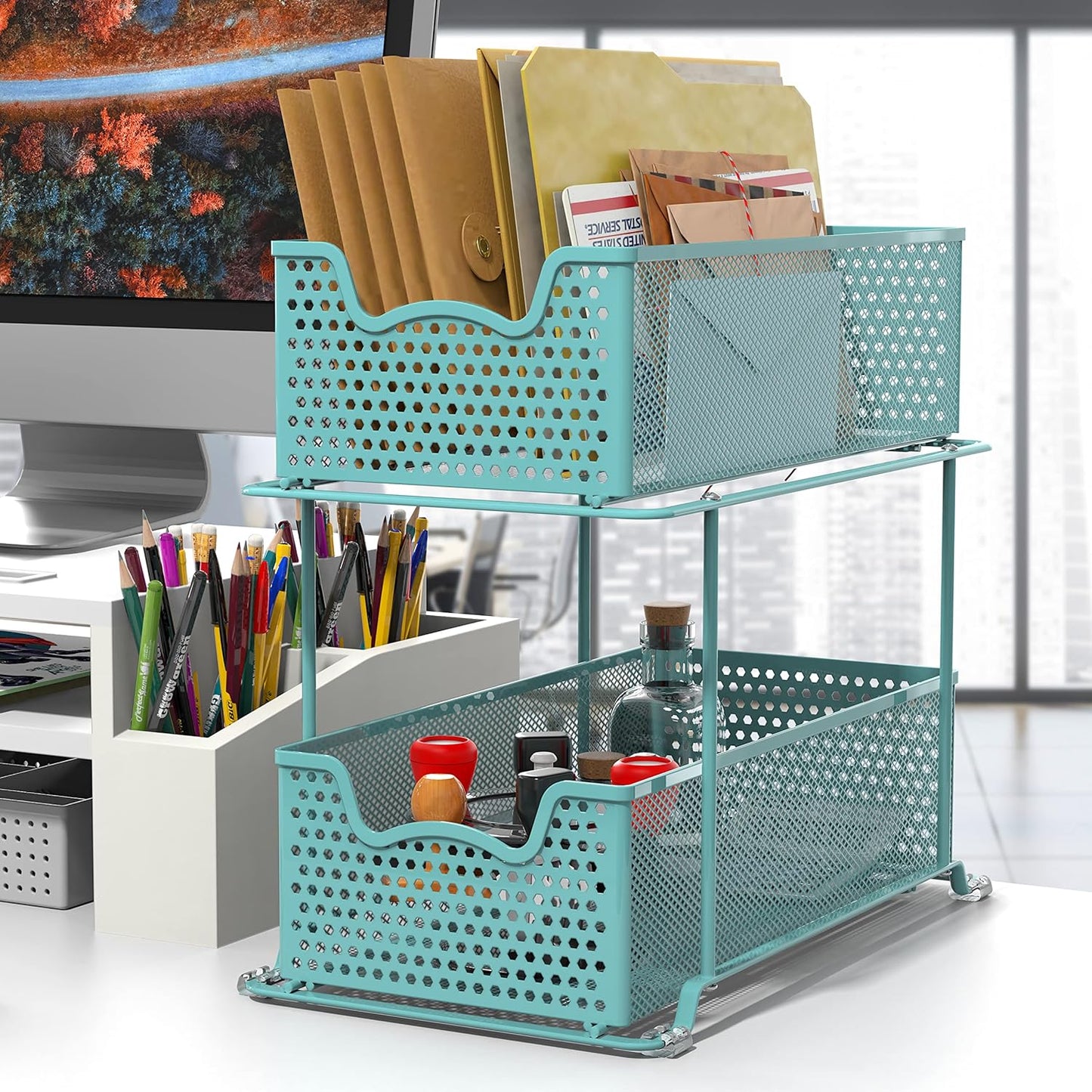 SIMPLE HOUSEWARE 2 Tier Sliding Cabinet Basket Organizer Drawer, Turquoise