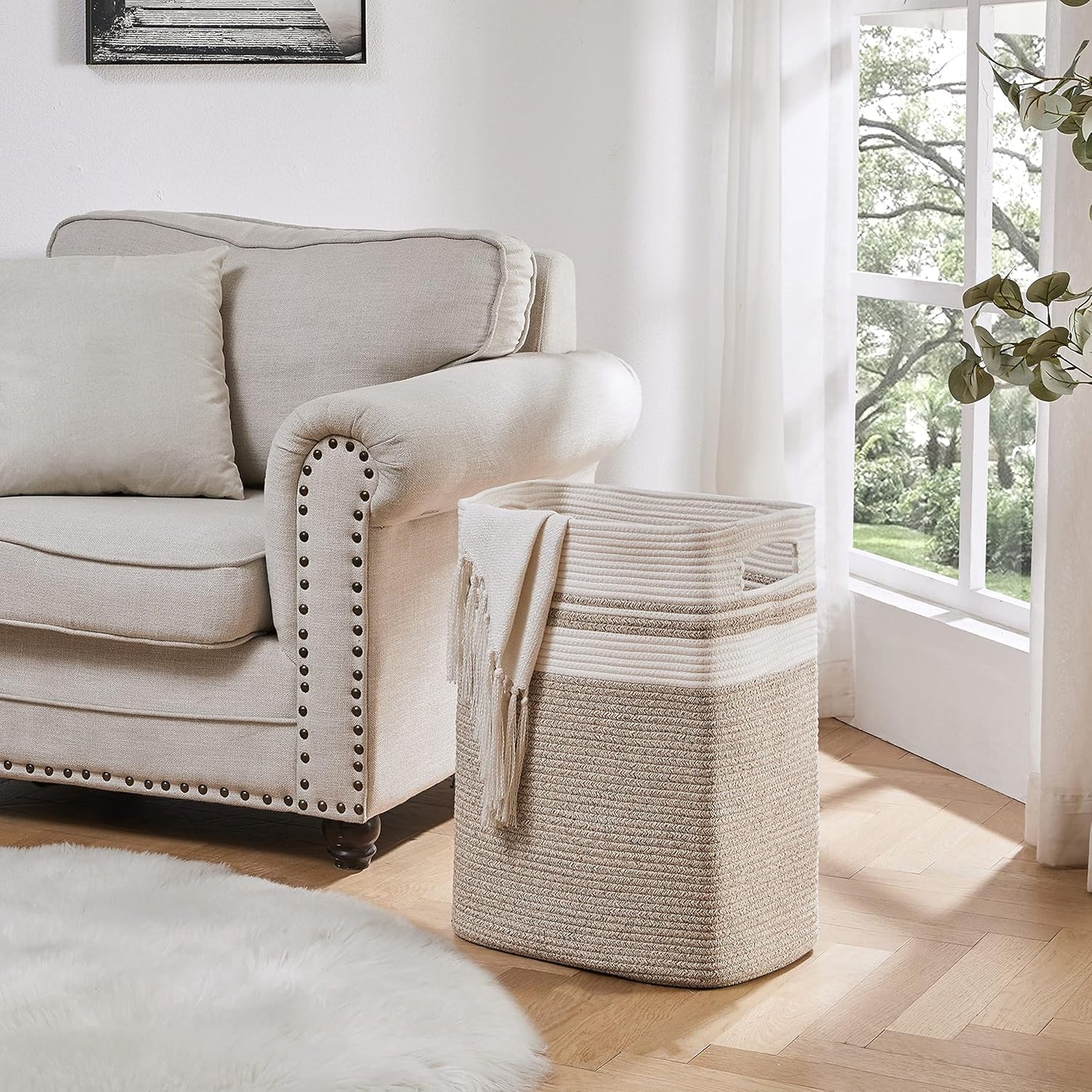 OIAHOMY Laundry Hamper-Laundry Basket,Tall Cotton Storage Basket with Handles,Decorative Blanket Basket for Living room,Collapsible Large Basket for Toys,Pillows,Clothes-16x13x22in-Yellow variegated