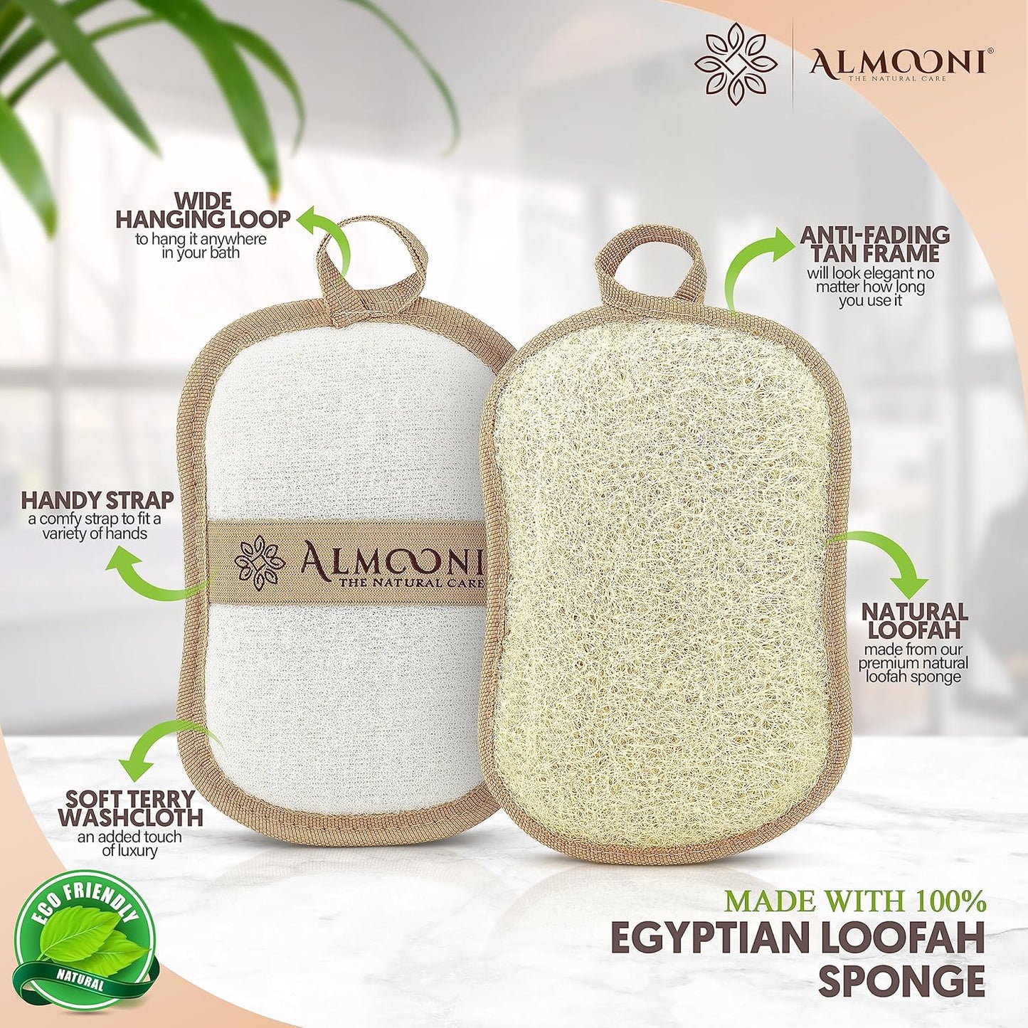 Almooni Premium Exfoliating Loofah Pad Body Scrubber, Made with Natural Egyptian Shower loofa Sponge- Bow Tie Shaped Loofah - 2 Count(1 Pack)