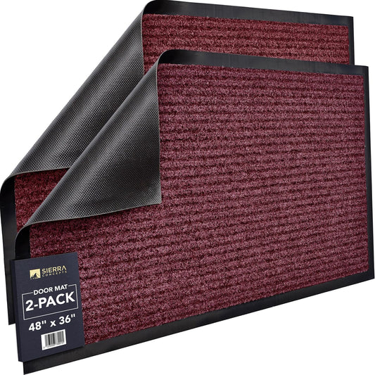 Sierra Concepts Front Door Mat X-Large Welcome Floor Mats - Entryway Indoor Outdoor Entrance Doormat, Patio, Porch, Muddy Dog Shoe, Inside Outside Low Profile 48x36in, 2-Pack Red