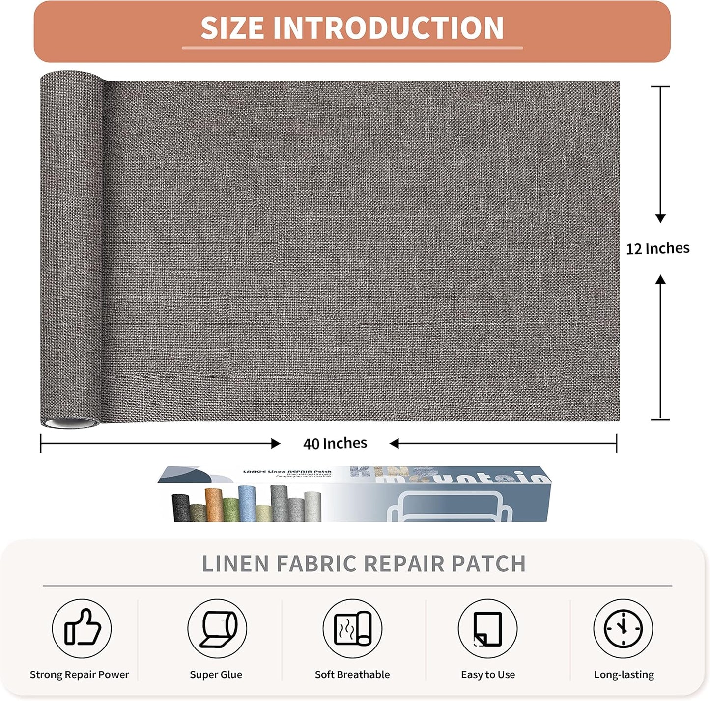 KING MOUNTAIN Fine Linen Repair Patches, Self-Adhesive Linen Fabric Patches, 12X40 inch Extra Size, Multi Color, Can be Used for Linen Sofa Repair and Linen Clothes Repair(12" x 40",Cream-Gray)