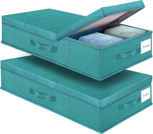 Underbed Storage Containers Bin with Lids (2pcs) Large Under Bed Storage Organizer Box with Handle, Foldable Under the Storage Bags for Organizing Clothes, Shoes, Blankets, Pillows-Cyan blue