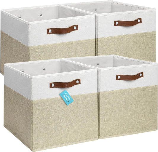 OrganiHaus 13x13 Cube Fabric Storage Bins Set of 4, Fabric Storage Cubes w/ Vegan Handles, 13 inch Collapsible Bins for Clothes & Toy Organizer, Cubbies Organizer, 13x13 Basket for Decor - Beige/White