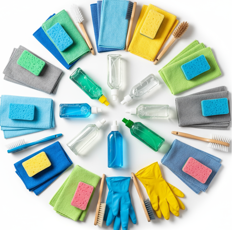 circle photo of cleaning tools, make a real photo